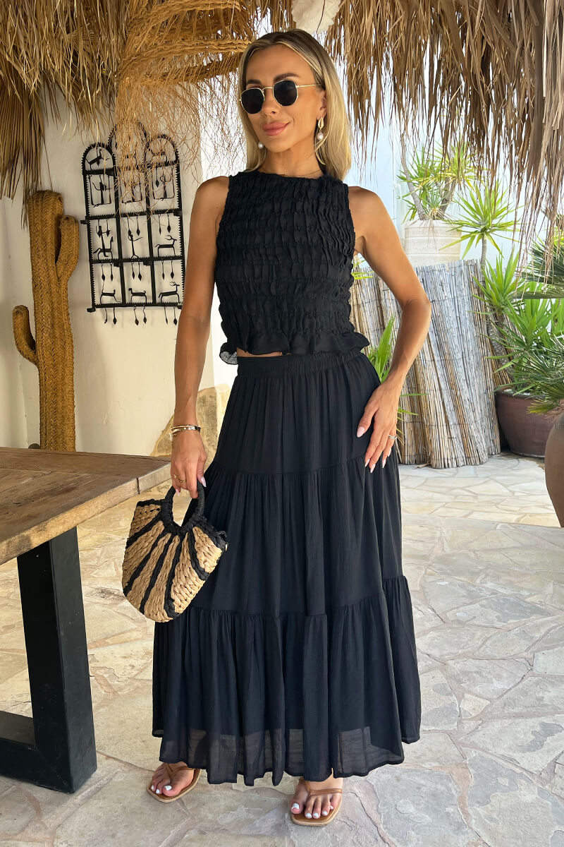 Chic Black Tiered Maxi Skirt with Ruffled Crop Top Chic Black Tiered Maxi Skirt with Ruffled Crop Top — Tiered Skirt Outfits