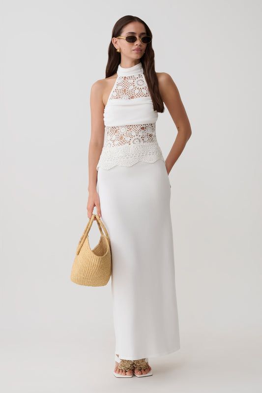 Maxi Dress with Halter Neck and Contrasting Crochet Bodice — Honeymoon Dresses