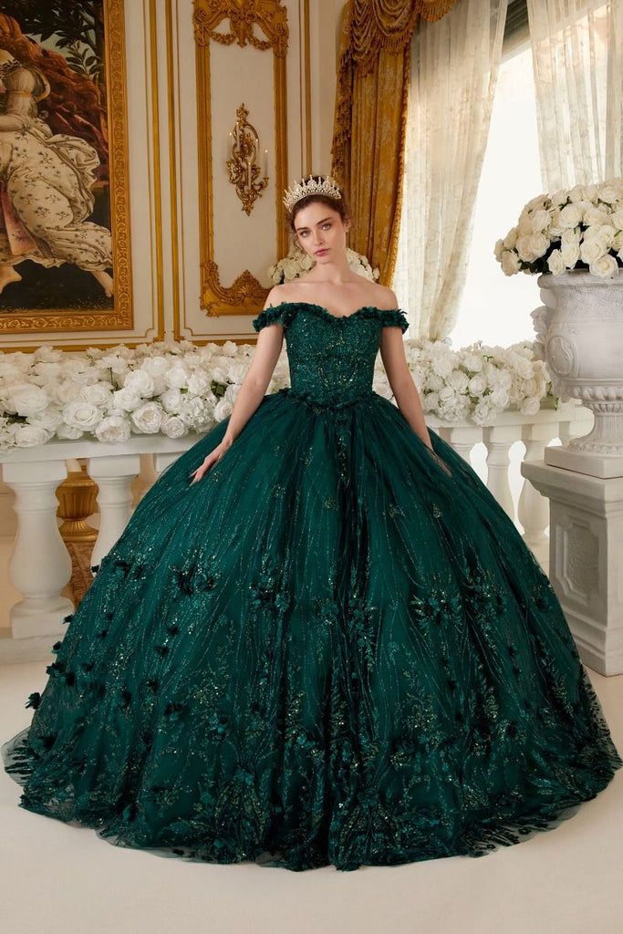 Emerald Green Off-Shoulder Ball Gown with Sequins and Tulle Emerald Green Off-Shoulder Ball Gown with Sequins and Tulle — Ball Gowns