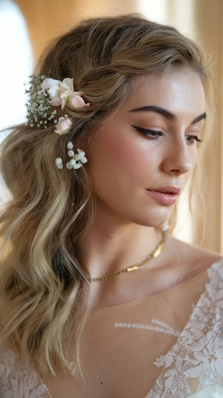 Blonde Loose Waves With Floral Accent Blonde Loose Waves With Floral Accent — Wedding Hairstyles
