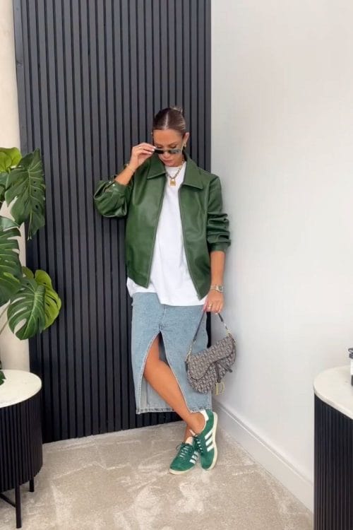 Edgy Green Faux Leather Jacket with Denim Midi Skirt — Green Outfits