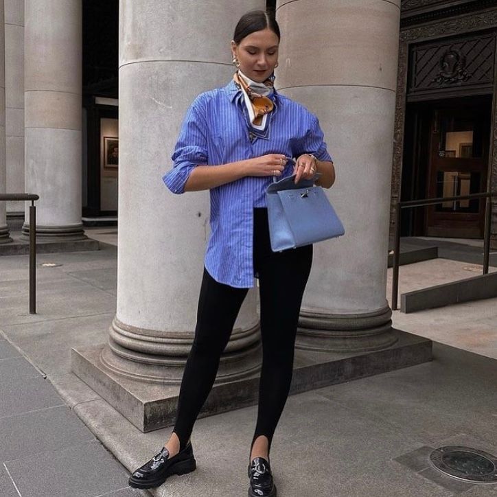 Stirrup Leggings and Striped Shirt with Loafers — Chunky Loafers Outfits