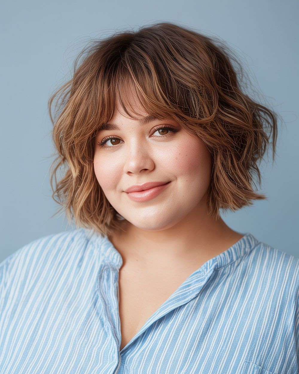 Collarbone Shaggy Bob with Curtain Bangs — Bob for Round Face