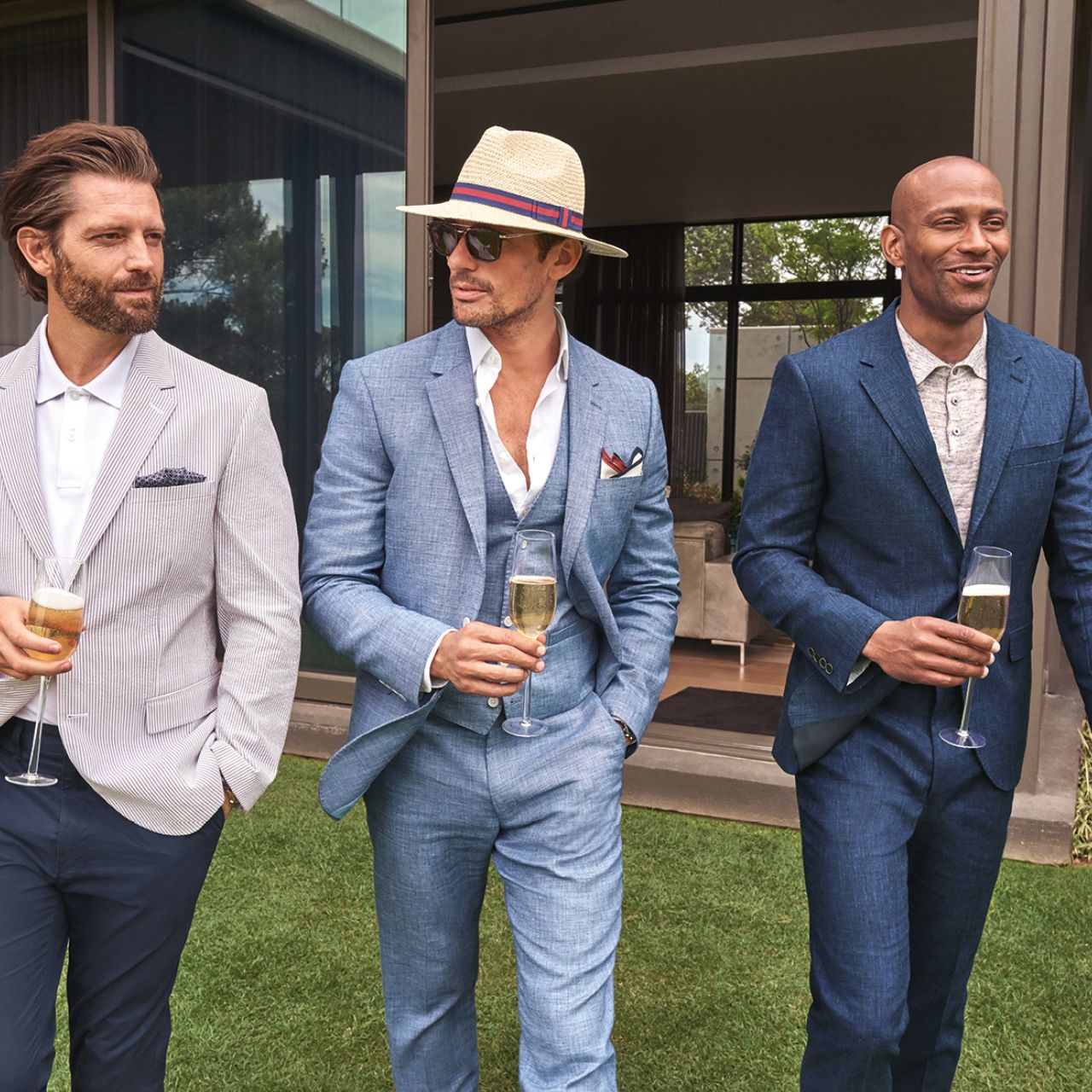 Light Blue Linen Suit with Fedora for Summer Style — Mens Wedding Guest Outfits