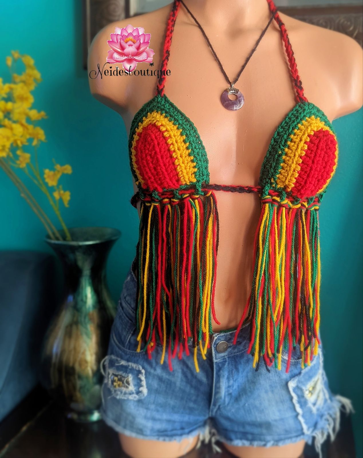 Fringed Rasta Crochet Bralette with Denim Shorts — Jamaica Outfits