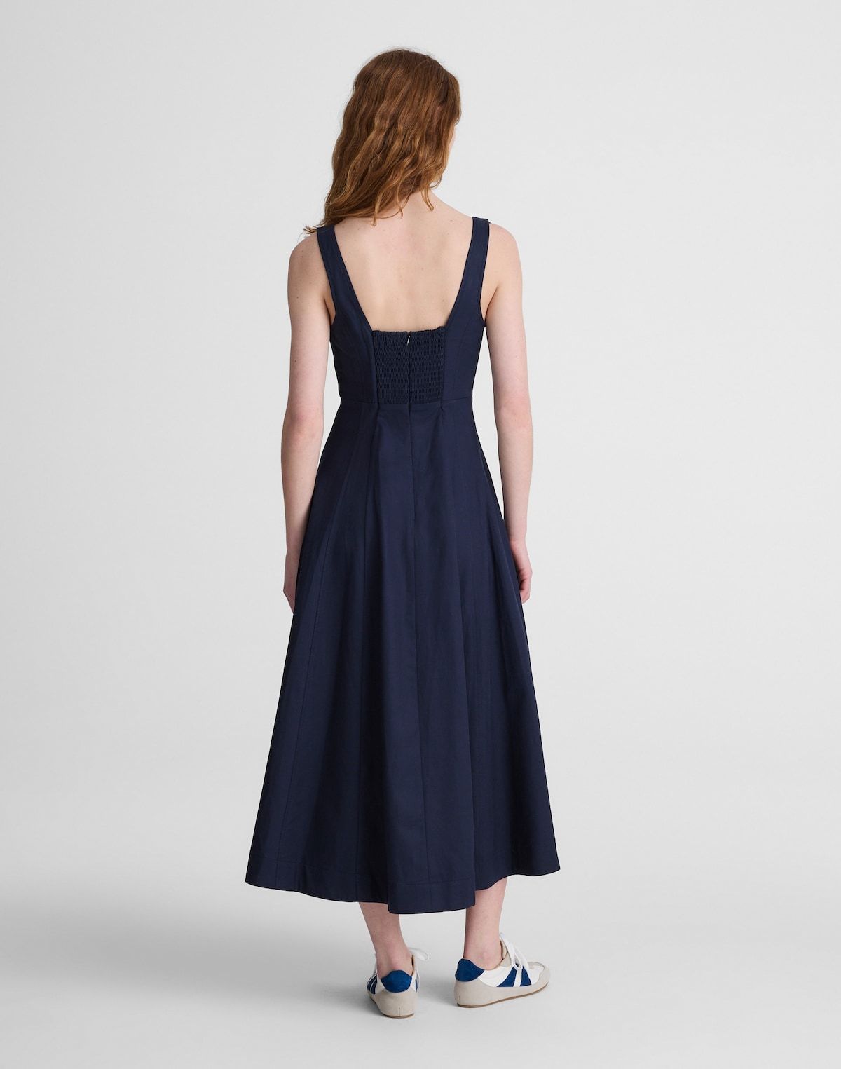 Navy Blue Cotton Fit-and-Flare Tea Length Dress with Sneakers Navy Blue Cotton Fit-and-Flare Tea Length Dress with Sneakers — Tea Length Dresses