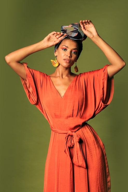 Orange Wrap Dress With Tassel Earrings Orange Wrap Dress With Tassel Earrings — Afrocentric Outfits