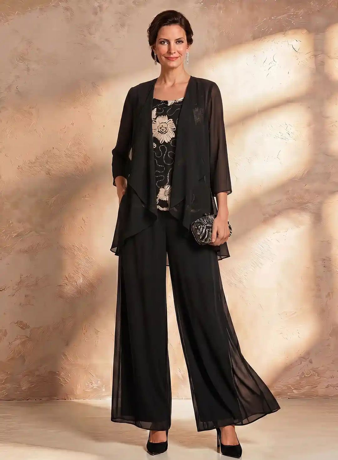 Black Chiffon Suit with Patterned Top and Sheer Jacket — Grandmother of the Bride Outfits