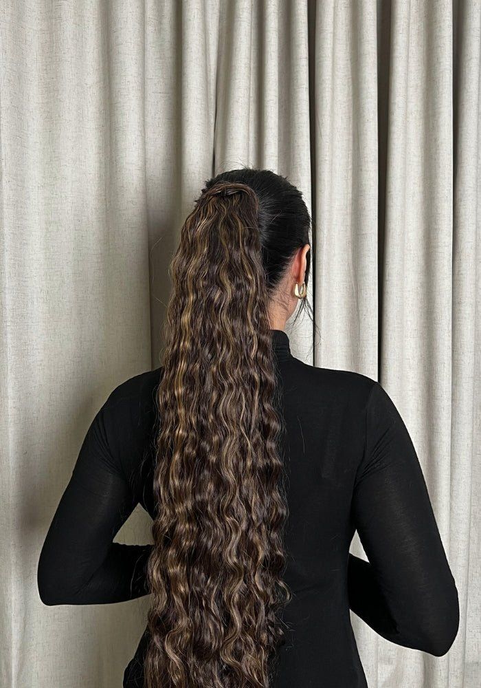 Dark Brown Caramel Highlights Wavy Ponytail — Wrap Around Ponytail