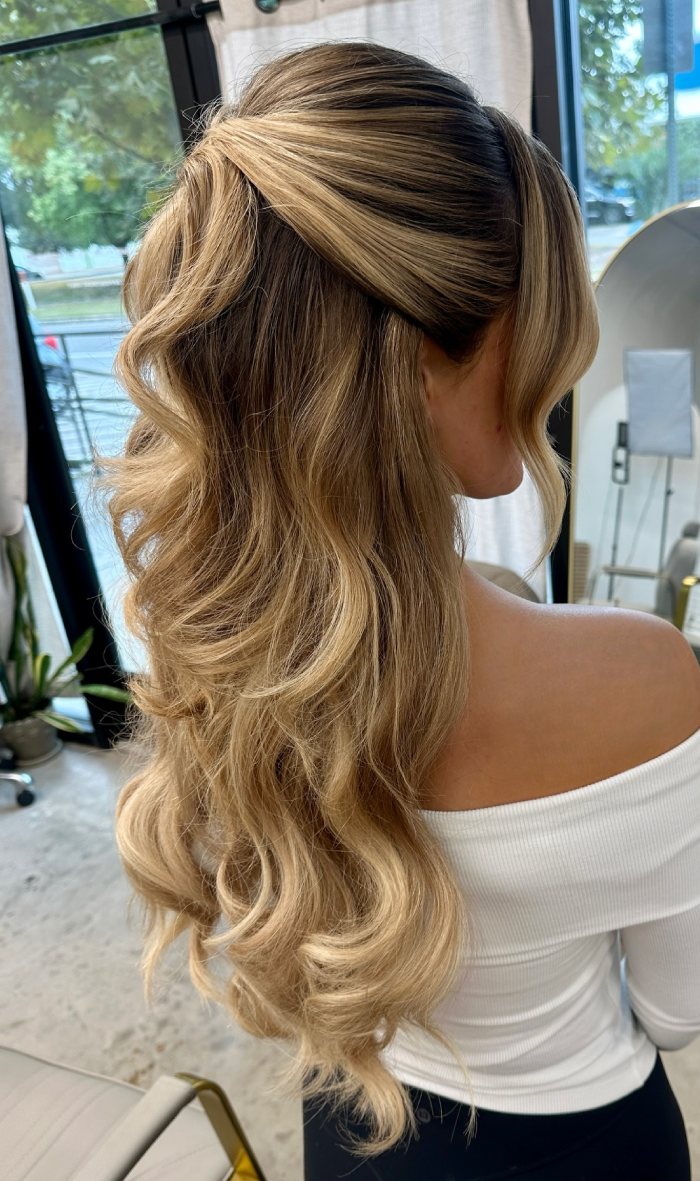 Half-Up Loose Waves Dark Brown Lob With Caramel Balayage