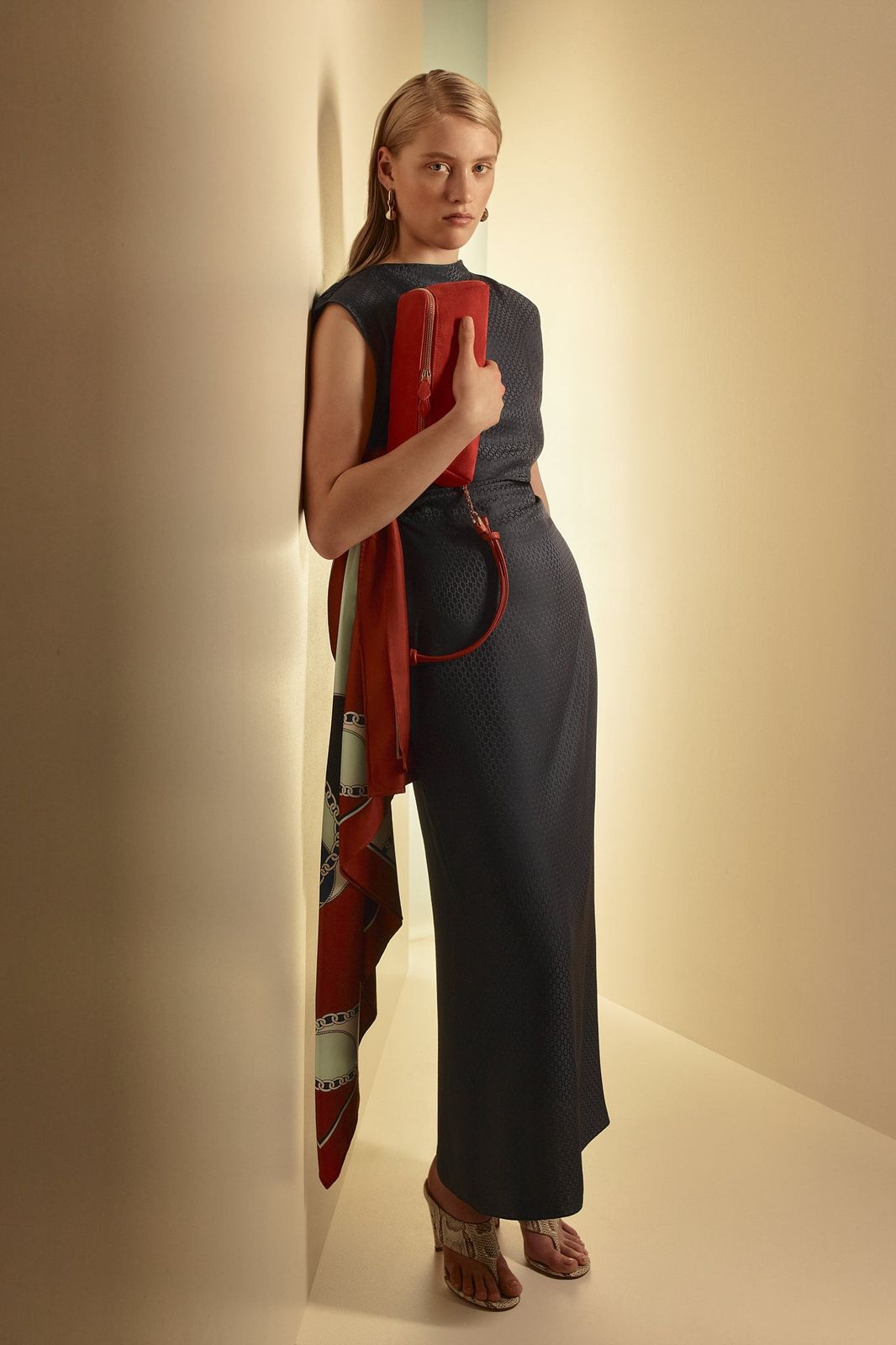 Dark Blue Silk Jacquard Dress with Red Accents Dark Blue Silk Jacquard Dress with Red Accents — Silk Dresses