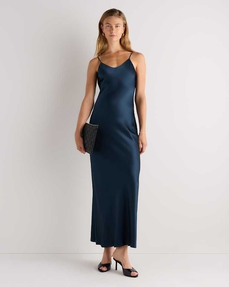 Deep Navy Satin Slip Dress: Satin Sheen Styling — Date Party Dresses