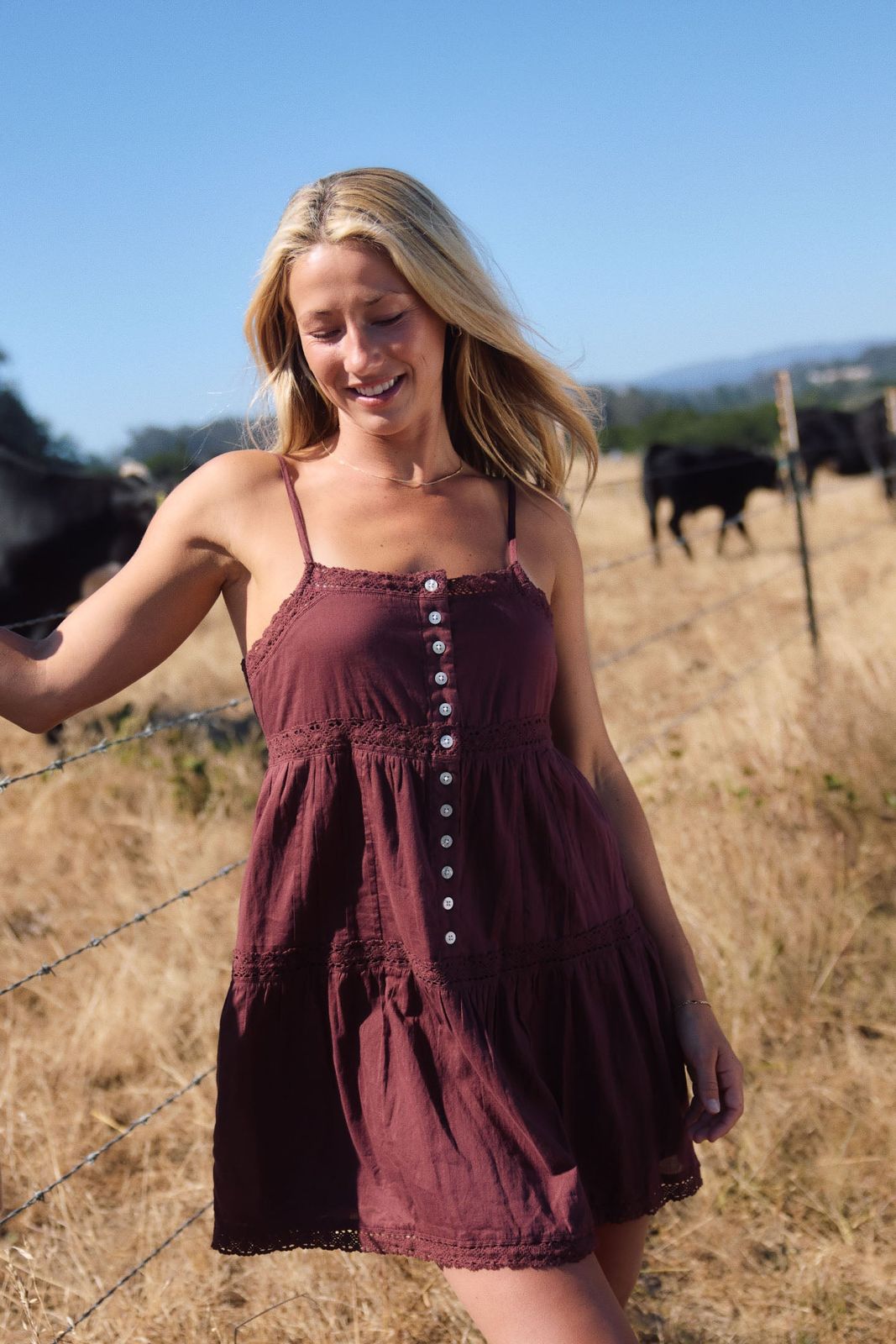 Maroon Tiered Mini Dress with Button-Front Detail Maroon Tiered Mini Dress with Button-Front Detail — Beach Dresses