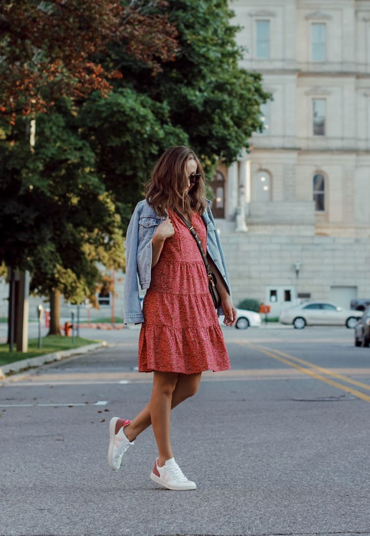 Denim Jacket Layered Over Red Floral Tiered Babydoll — Babydoll Dresses