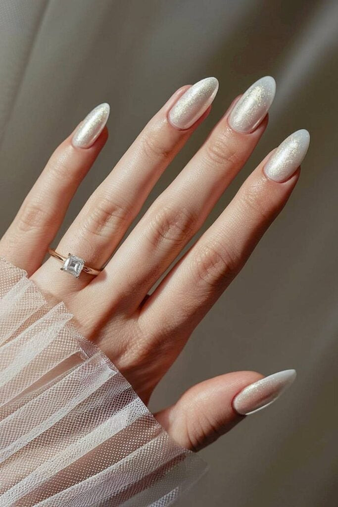 Pale Champagne Pearlescent Shimmer Nails — Anniversary Nails