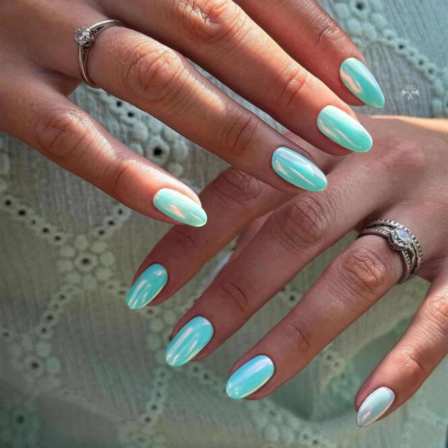 Glazed Teal Blue Chrome Press on Nails Medium Oval, Fake Nails Almond Aurora Nails Press ons,Acrylic Nails Glue on Nails Medium Length Round, Flash
