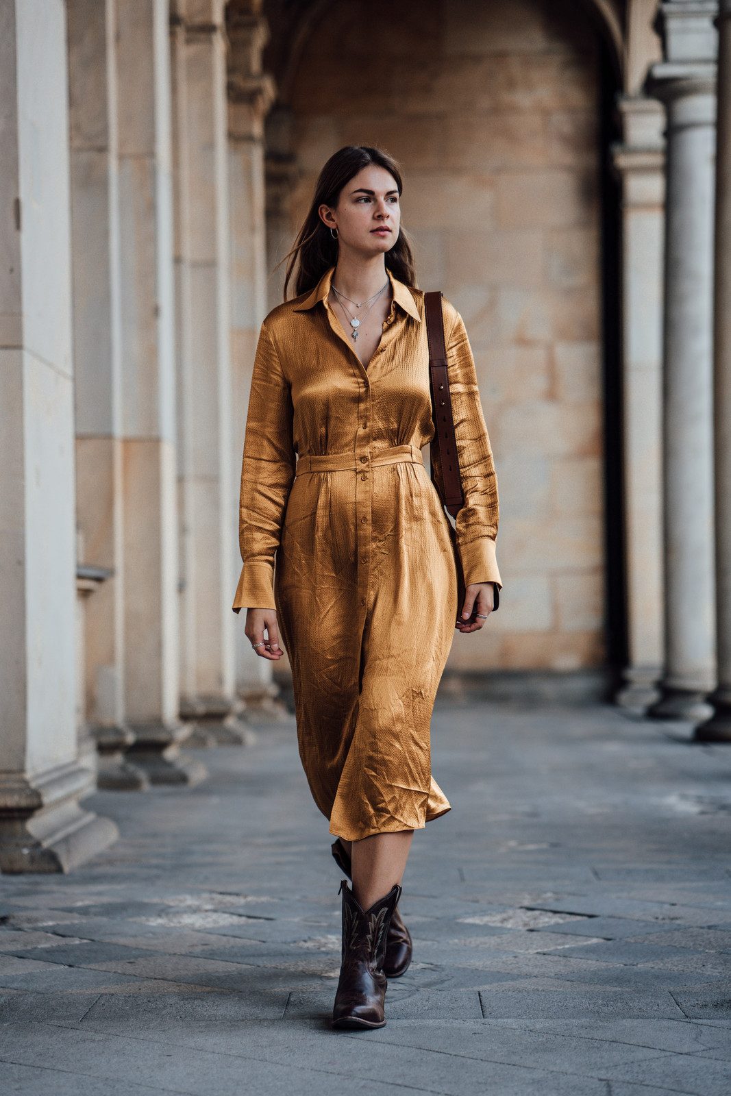Gold Satin Midi Dress with Dark Brown Cowboy Boots for Daytime — Cowboy Boot Outfits with Dress