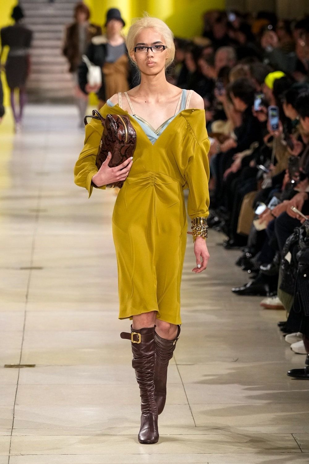 Miu Miu Yellow Satin Dress with Ruched Detailing — Miu Miu Outfits