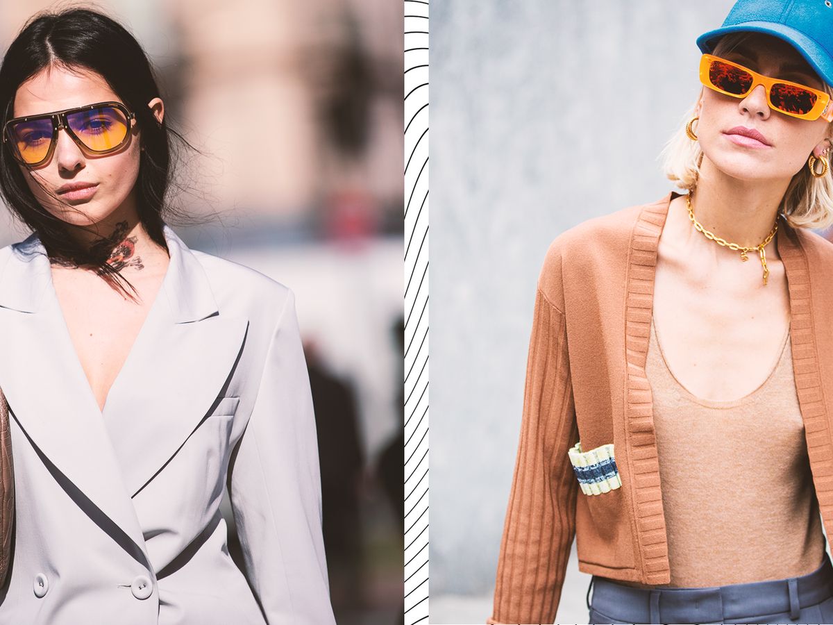 Aviator Sunglasses with Yellow Lenses and Grey Blazer — Sunglasses for Heart Shaped Face