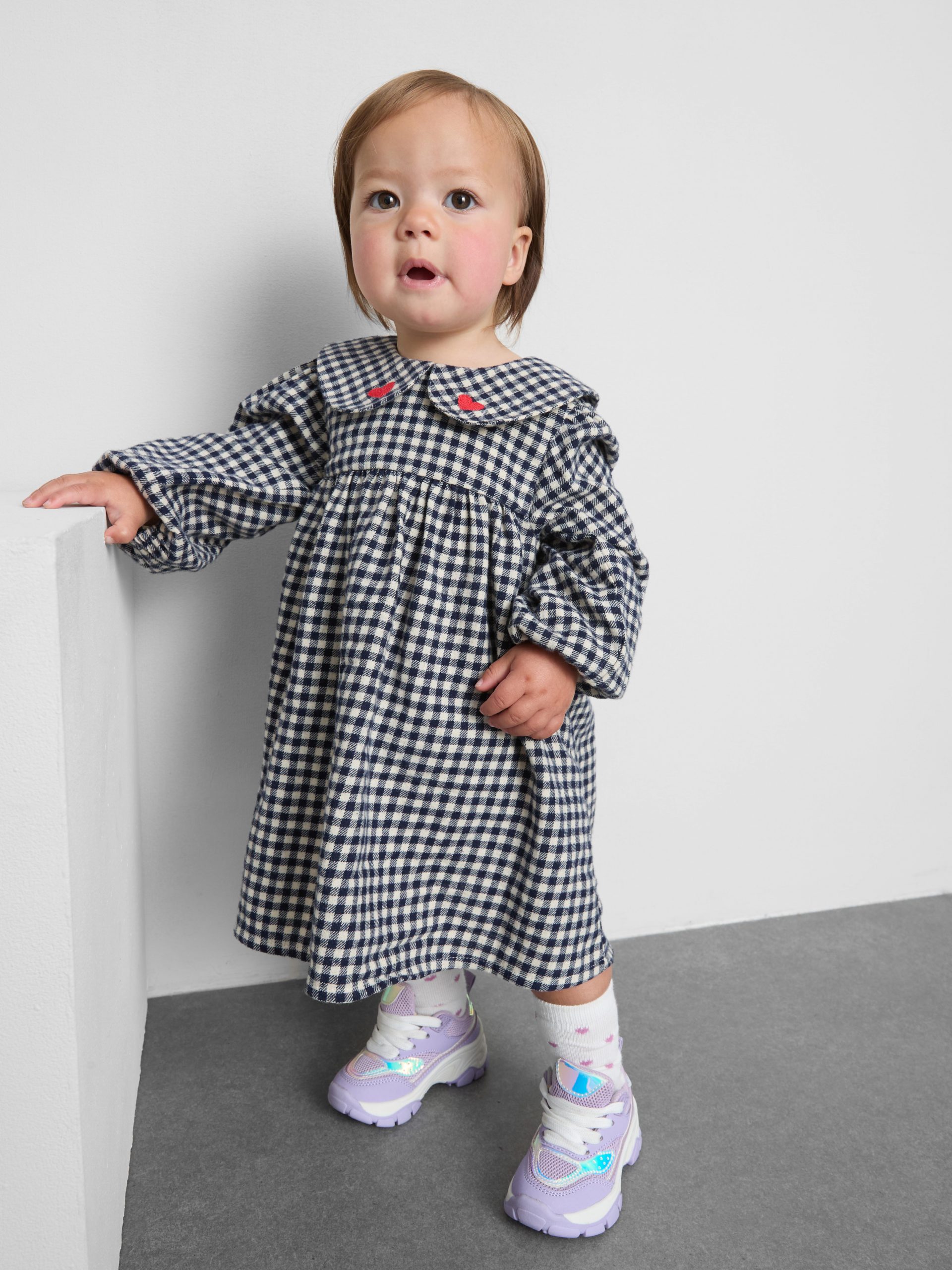 Navy Gingham Dress with Red Accents and Sneakers Navy Gingham Dress with Red Accents and Sneakers — Little Girl Outfits