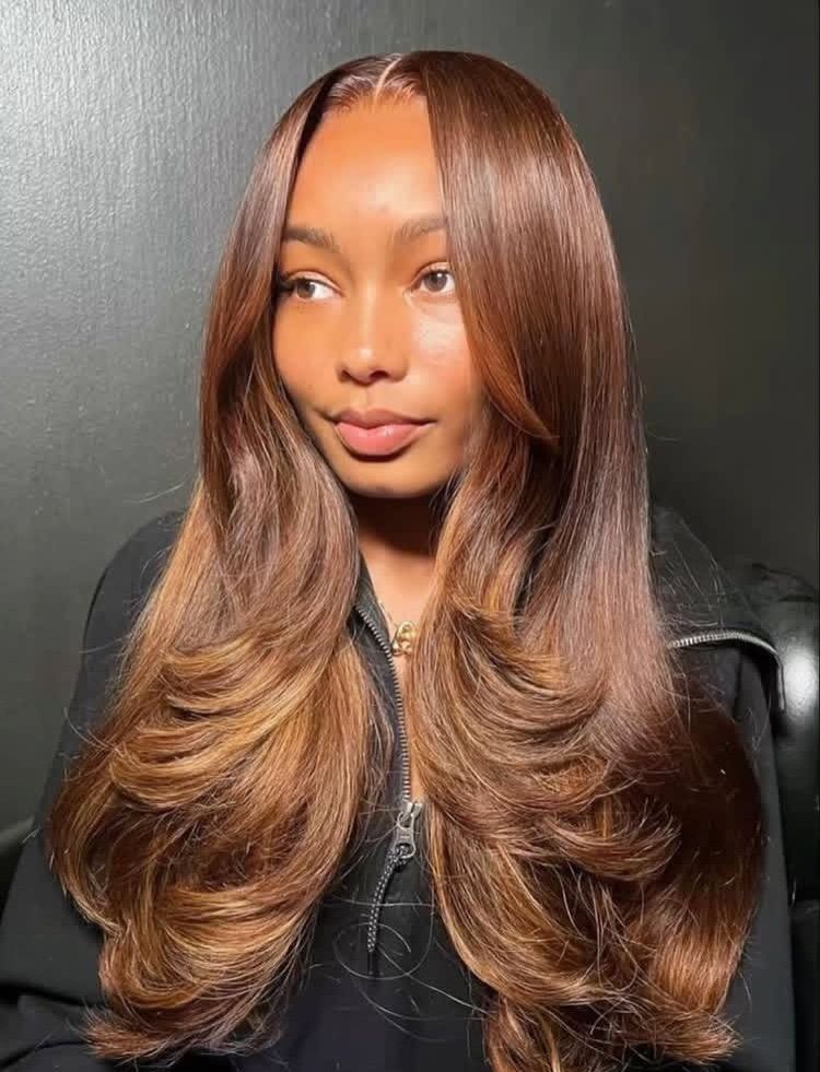 Feathered Layers With Curtain Bangs — Silk Press with Layers
