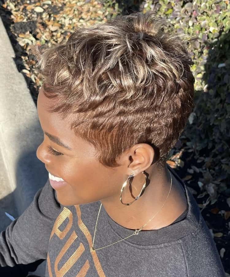 Layered Warm Brown Pixie with Highlights — Pixie Cut for Thick Hair