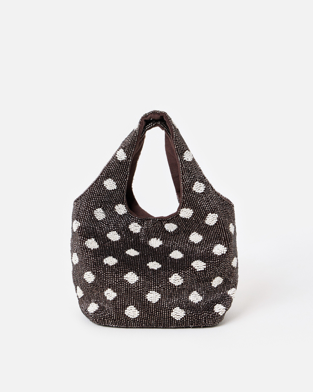 Dark Brown Beaded Tote with White Polka Dots Dark Brown Beaded Tote with White Polka Dots — Wedding Guest Bags