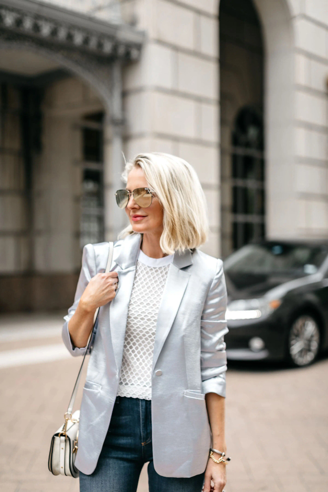 Silver Metallic Statement Blazer with Slim-Fit Jeans and Heels Silver Metallic Statement Blazer with Slim-Fit Jeans and Heels — Teacher Conference Outfits