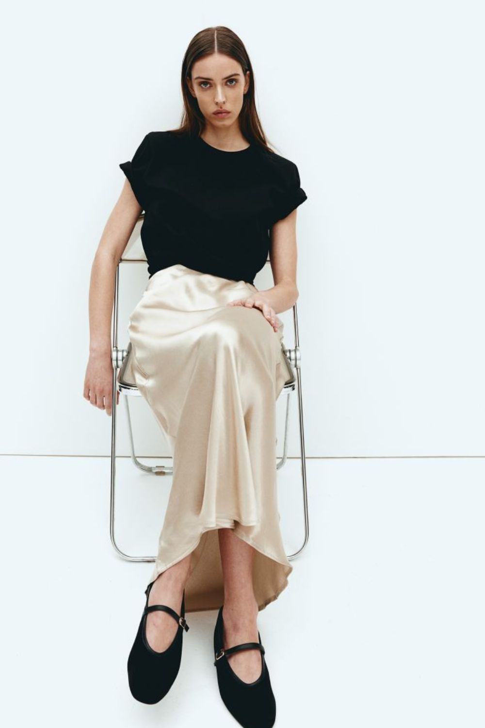 Cream A-Line Satin Skirt with Black Top for Effortless Versatility Cream A-Line Satin Skirt with Black Top for Effortless Versatility — Satin Skirts