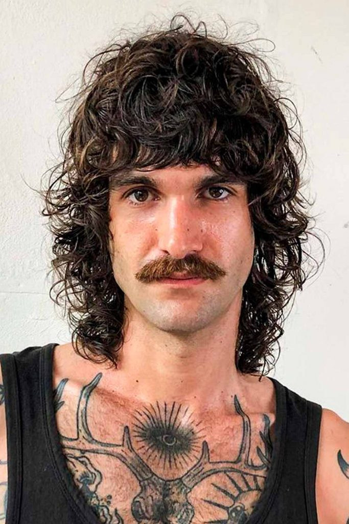 Dark Brown Curly Mullet With Bangs — Fluffy Hair Men