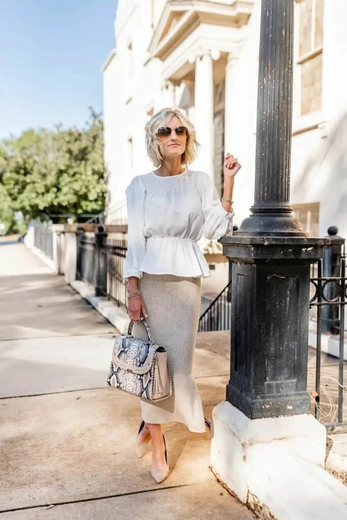 Long-Sleeved Peplum Blouse with Knit Pencil Skirt for Work — Peplum Top Outfits