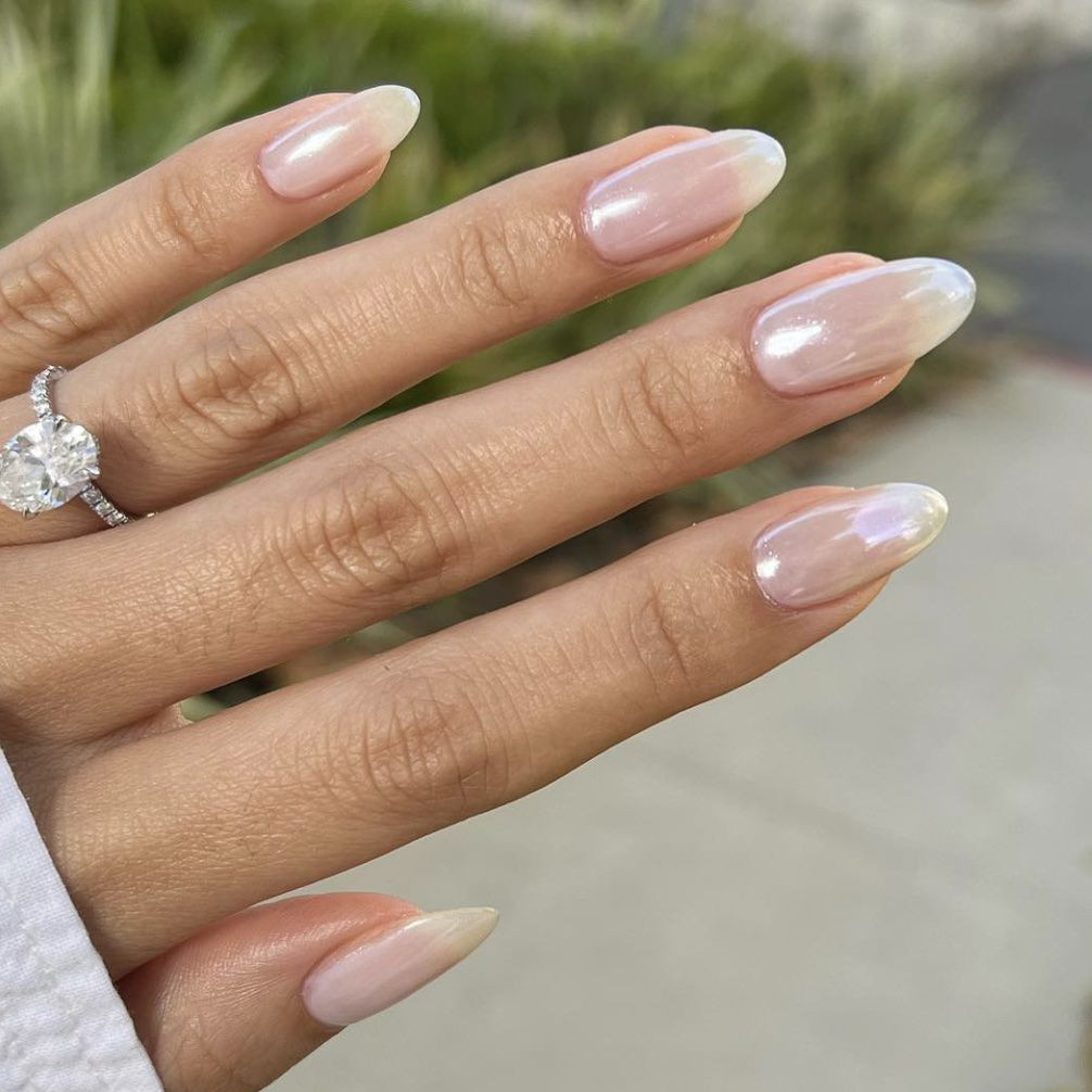 Pearlescent White Shimmer Medium Almond — Interview Nails
