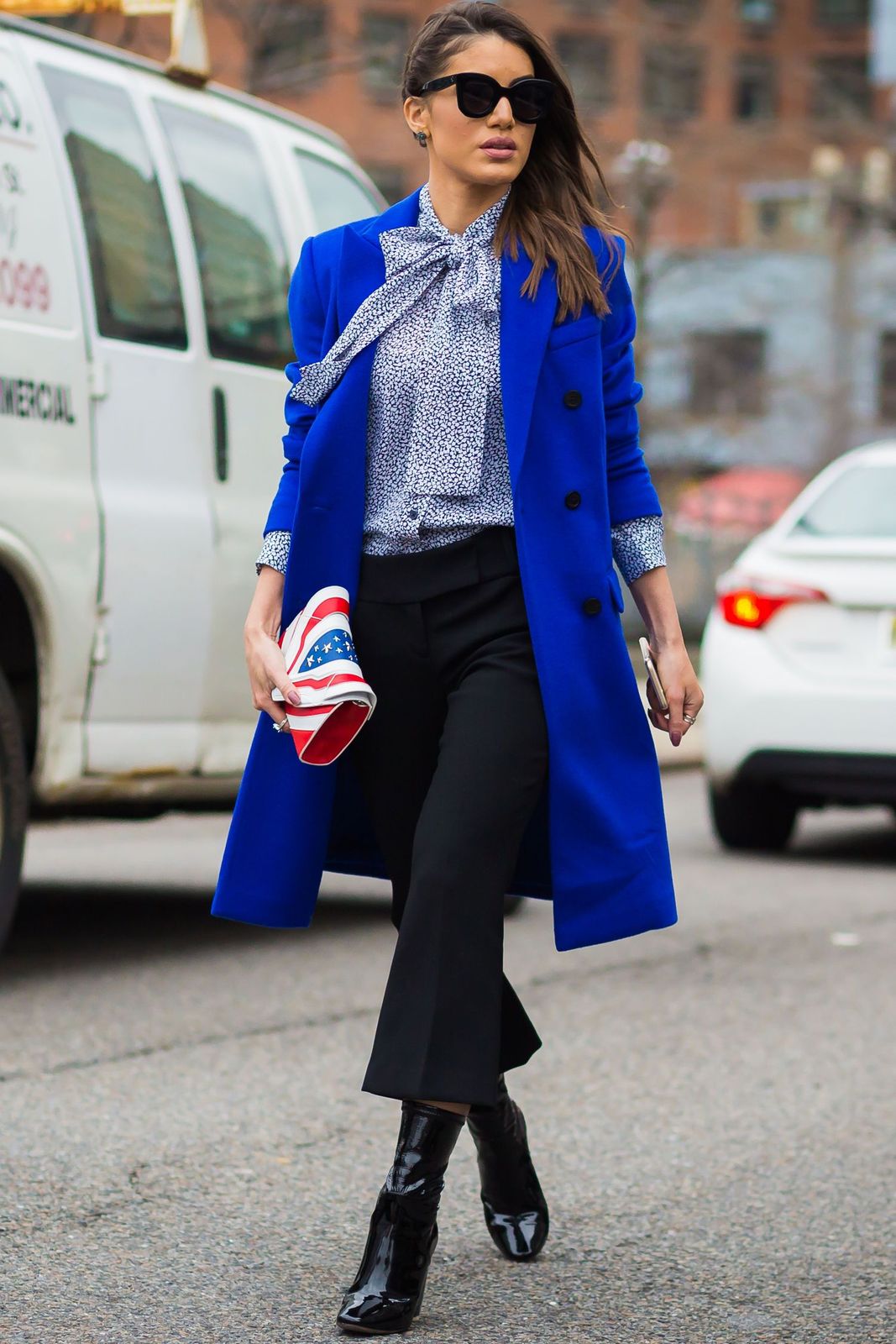Flared Trousers and Bow-Neck Blouse with Statement Clutch — Michael Kors Bag Outfits