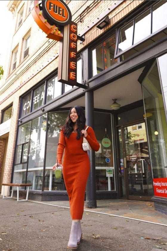 Monochromatic Orange Ribbed Knit Midi Dress for Casual Days Monochromatic Orange Ribbed Knit Midi Dress for Casual Days — Seattle Outfits