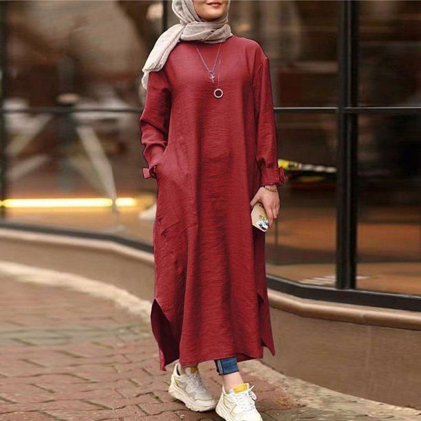 Casual Modesty: Red Long-Sleeve Maxi Dress Casual Modesty: Red Long-Sleeve Maxi Dress — Dubai Outfits