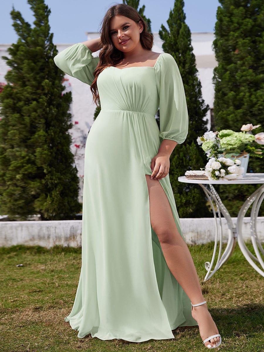 Light Green Plus Size Chiffon Bridesmaid Dress with Square Neckline and High Slit Light Green Plus Size Chiffon Bridesmaid Dress with Square Neckline and High Slit — Bridesmaid Dresses