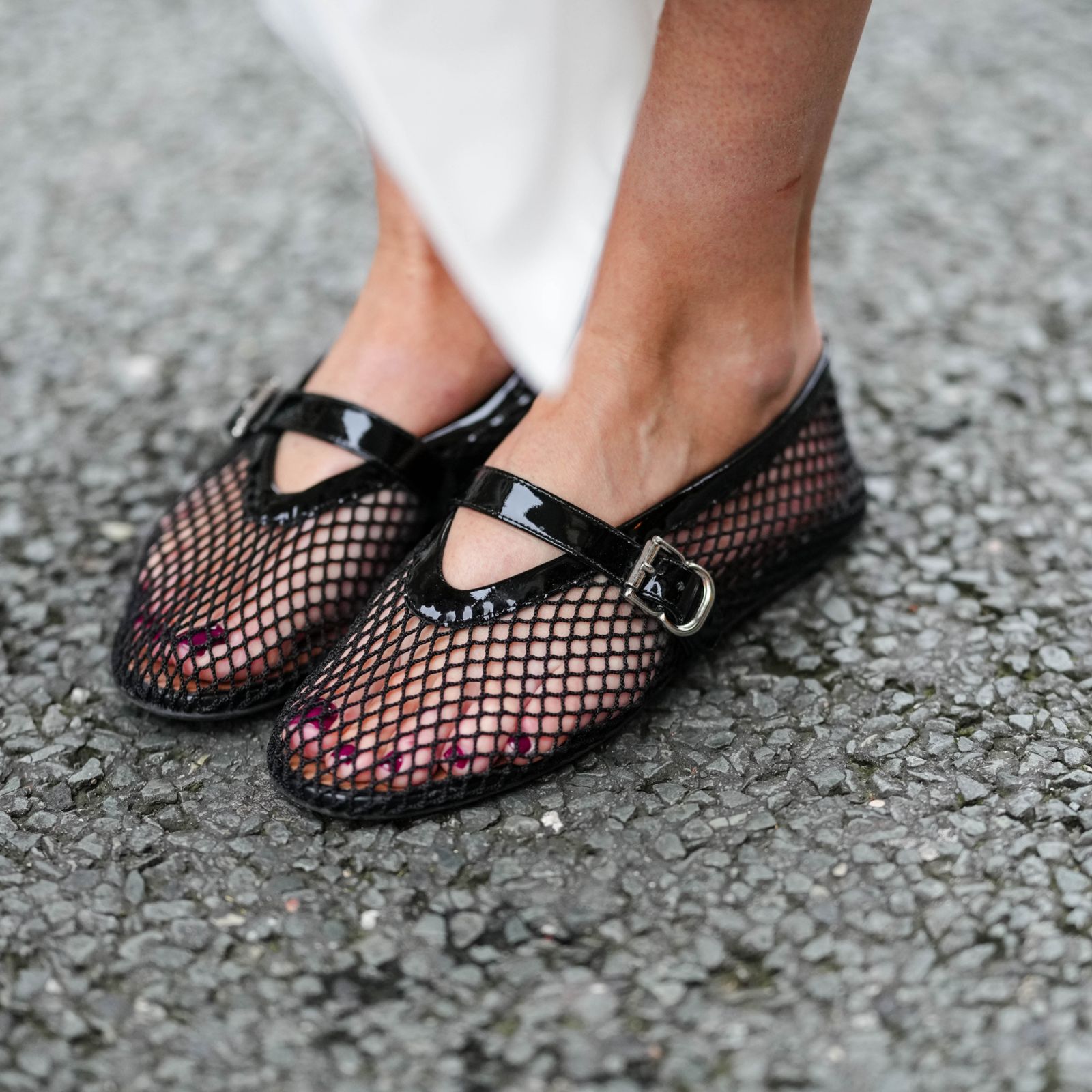 Black Mesh Flats with Patent Trim and Buckle Detail Black Mesh Flats with Patent Trim and Buckle Detail — Mesh Ballet Flats Outfits