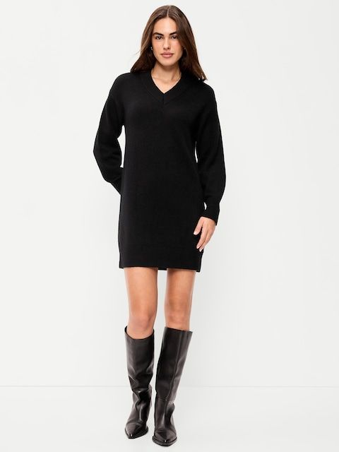 Black Knit V-Neck Sweater Dress: Closet Staple Black Knit V-Neck Sweater Dress: Closet Staple — Dresses for Tall Women