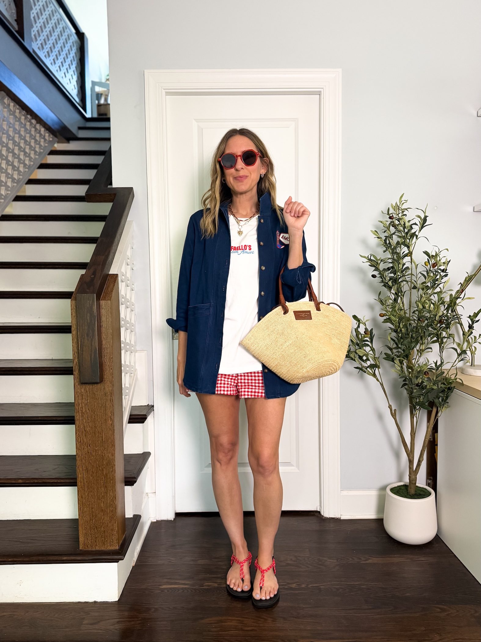 Red Flip-Flops Graphic Tee, Denim Jacket, and Gingham Shorts for Summer — Graphic Tee Outfits