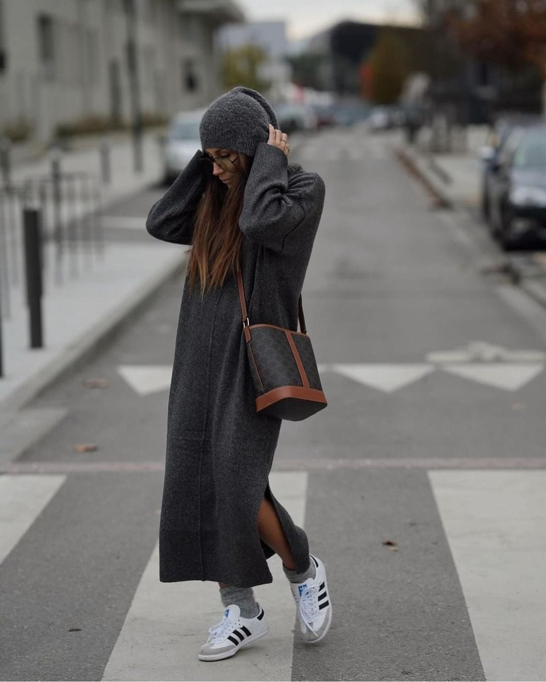 Monochromatic Grey Knit Dress with Adidas Sneakers — Sneakers with Dress Outfits