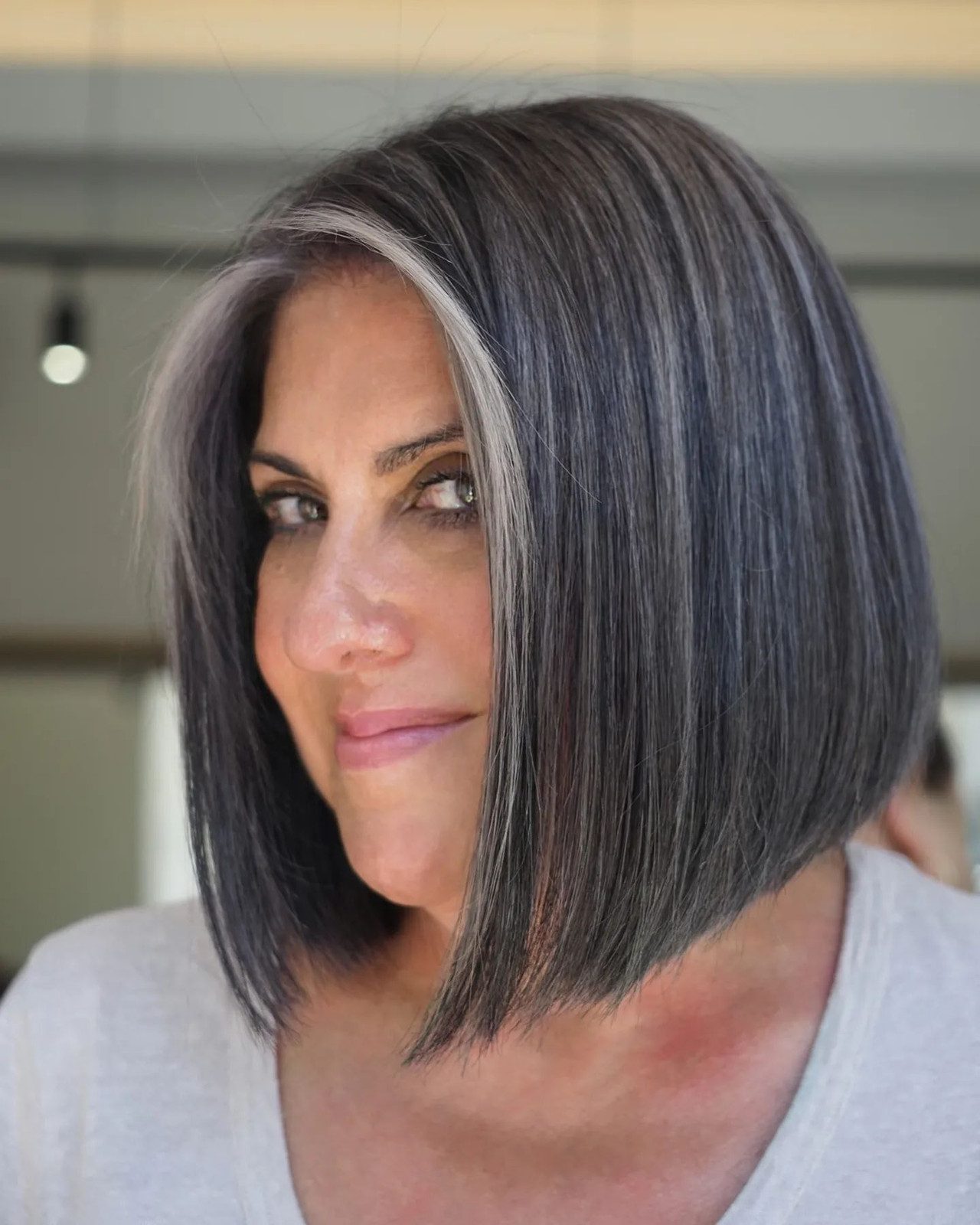 Chin Length Bob With Gray Highlights Chin Length Bob With Gray Highlights — Gray Blending