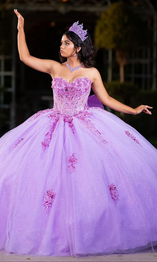 Quinceanera Formal Event Strapless Lavender Ballgown with Lace Appliques and Beaded Bodice — Quinceanera Guest Outfits