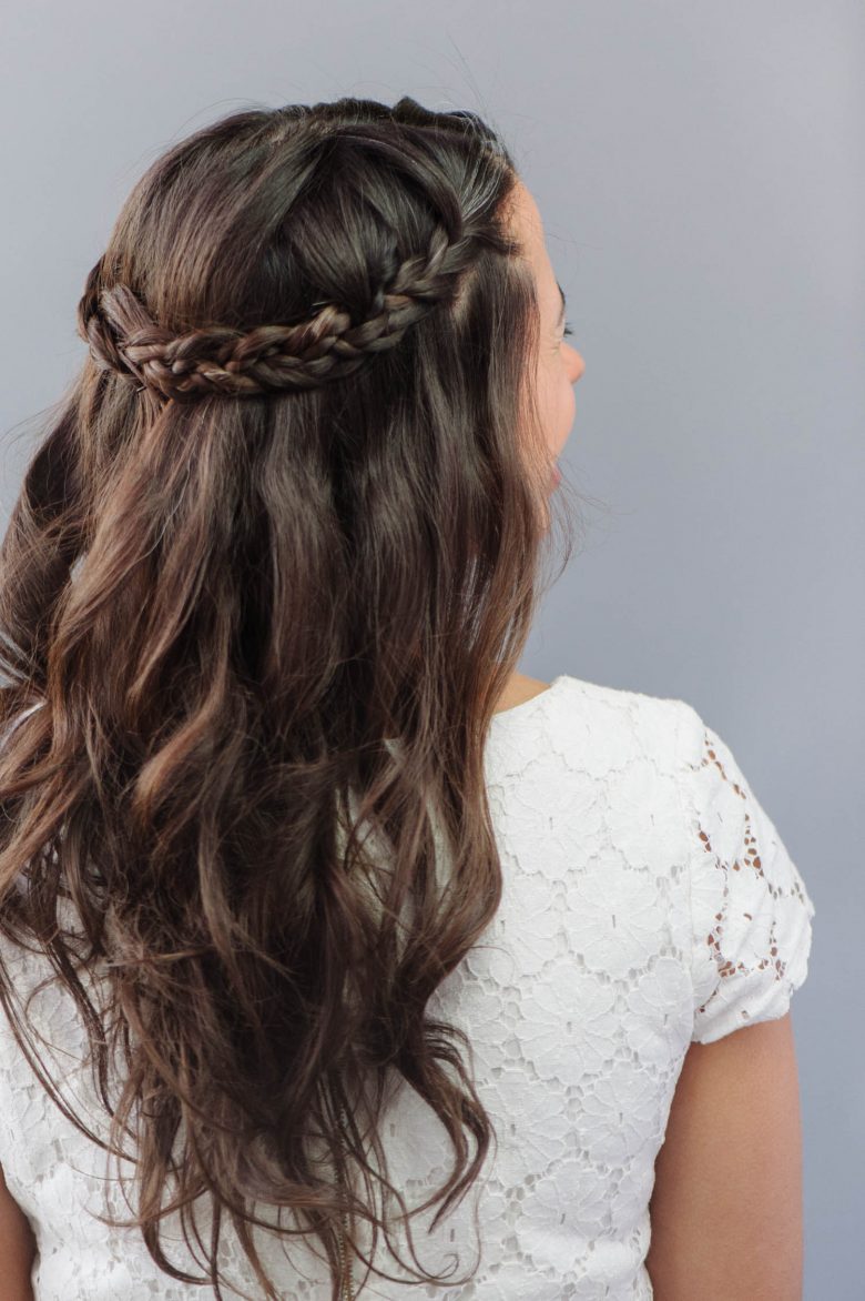 Dark Brown Braided Crown Collarbone — Braided Half Up Half Down