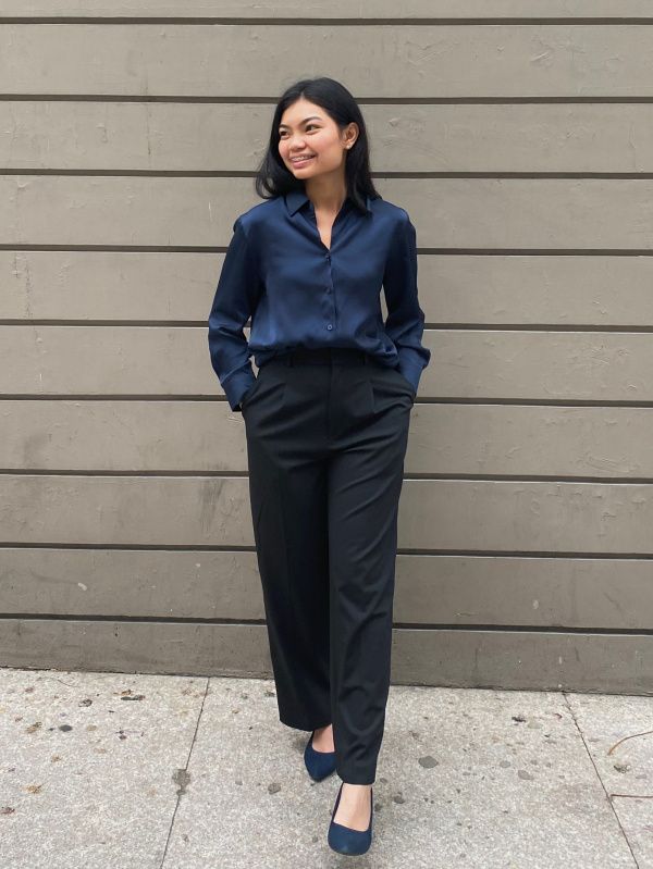 Relaxed Navy Satin Shirt Tucked into Black Wide-Leg Pants — Satin Top Outfits