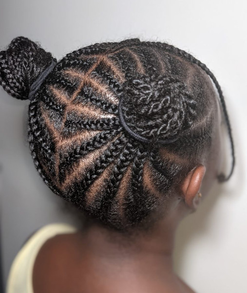 Zig-Zag Part Cornrows Into Space Buns — Kids Cornrows