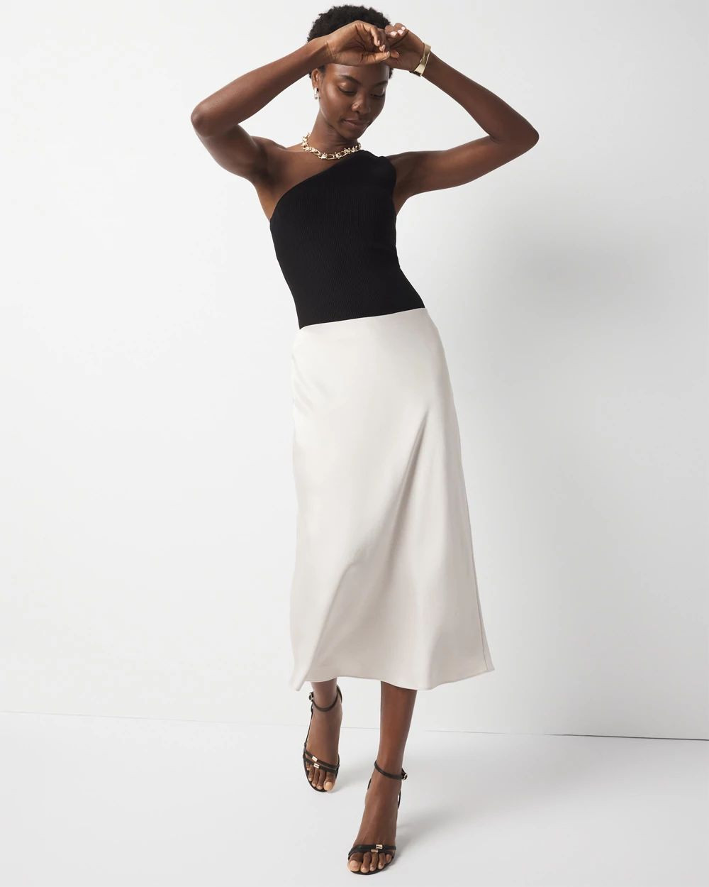 Off-White A-Line Slip Skirt with One-Shoulder Top for Evening Off-White A-Line Slip Skirt with One-Shoulder Top for Evening — Slip Skirts