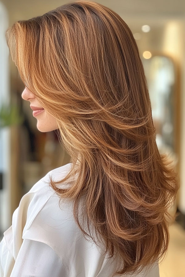 Caramel Highlights on a Rich Brown Base — Long Layered Hair with Curtain Bangs
