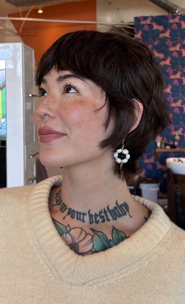 Textured Pixie Cut with Baby Bangs and Yellow Sweater Textured Pixie Cut with Baby Bangs and Yellow Sweater