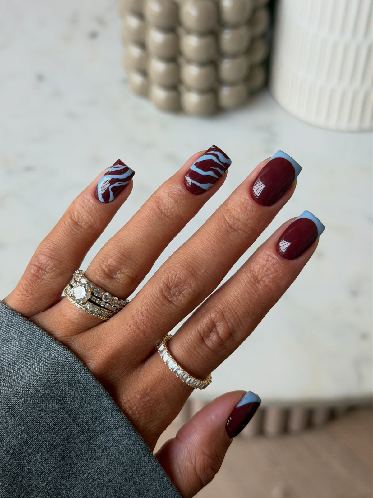 Maroon and Light Blue Wavy French Square Nails Maroon and Light Blue Wavy French Square Nails — Hard Gel Nails
