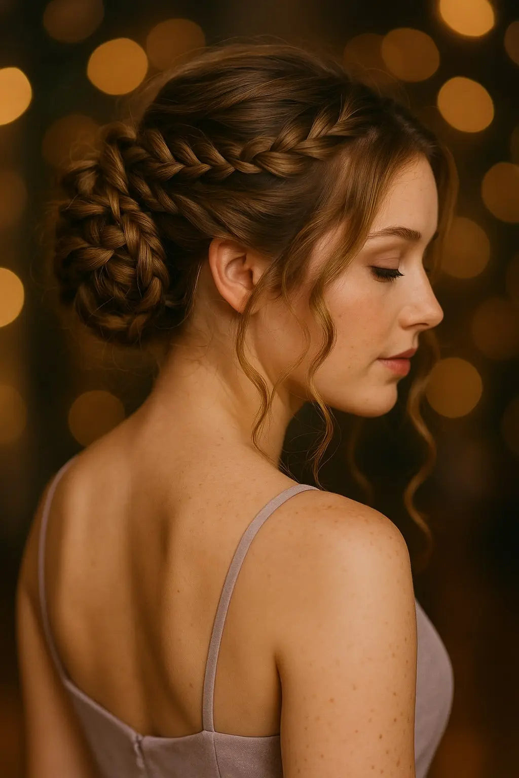 Medium Brown Braided Updo With Tendrils Medium Brown Braided Updo With Tendrils — Prom Hairstyles for Long Hair